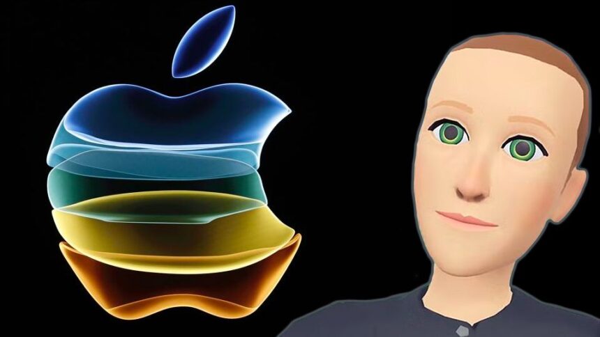 An Apple logo next to Mark Zuckerberg